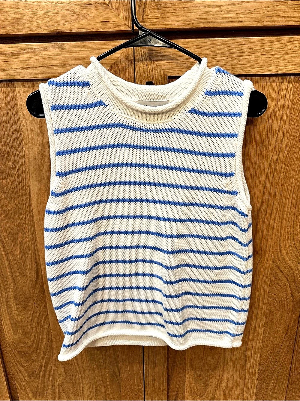 Free Assembly Roll Neck Sleeveless Cotton Sweater Vest in White & Blue Size S